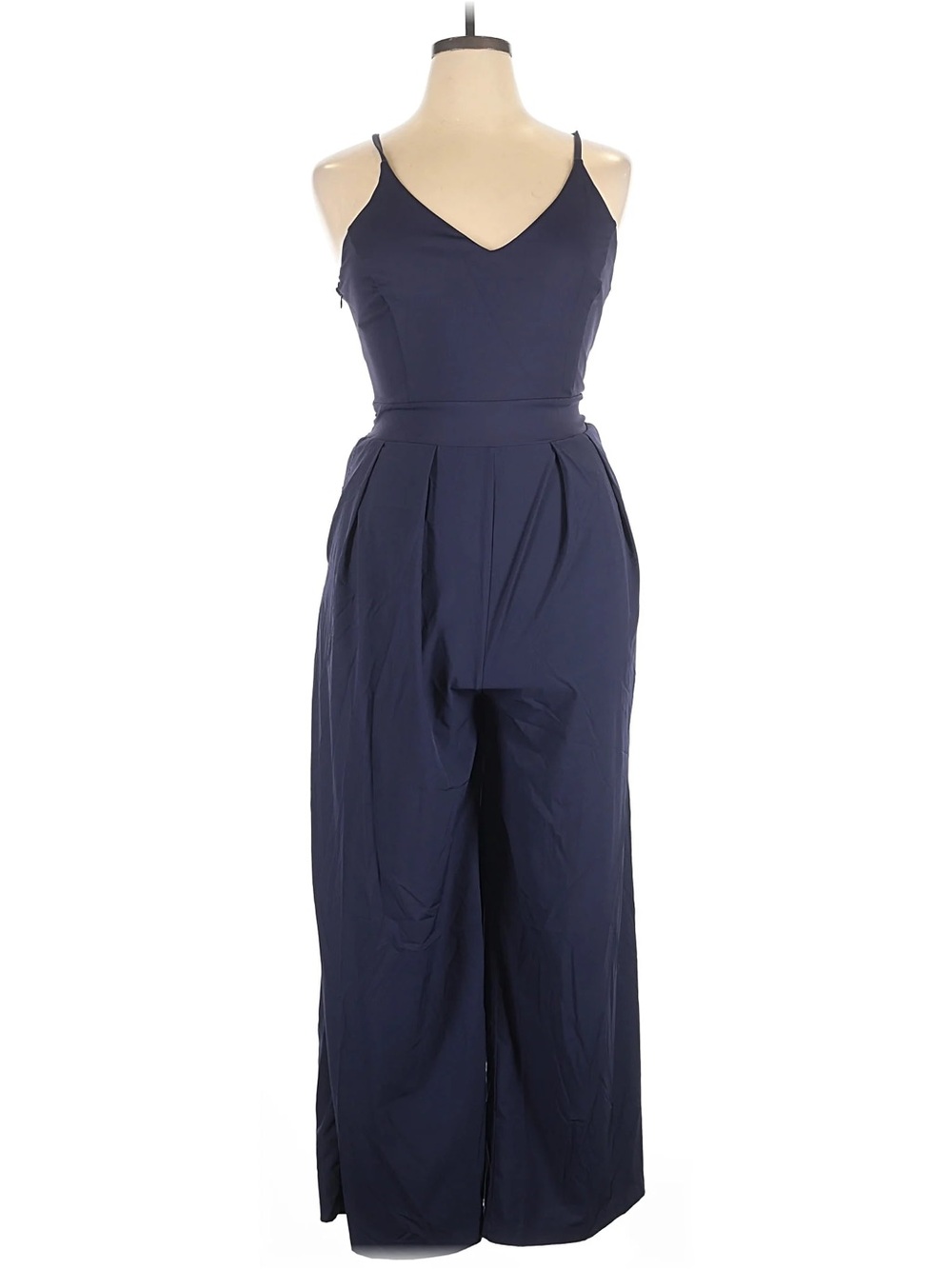 HALARA Navy Sleeveless V-Neck Pleated Wide-Leg Jumpsuit